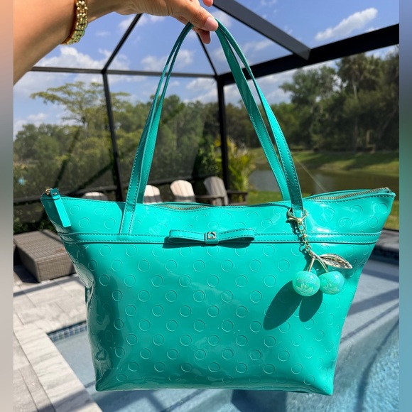Kate Spade Sophie Camellia Street Teal Tote w Gold Hardware & Matching Cherries - Picture 6 of 17